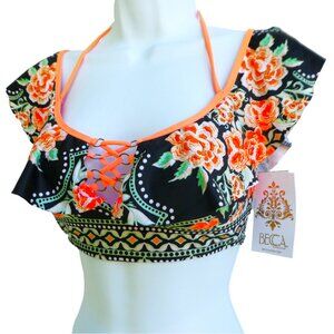 NEW Becca Swim Bikini Top Corset Tie Up Ruffle Overlay Removeable Pads Flirty M